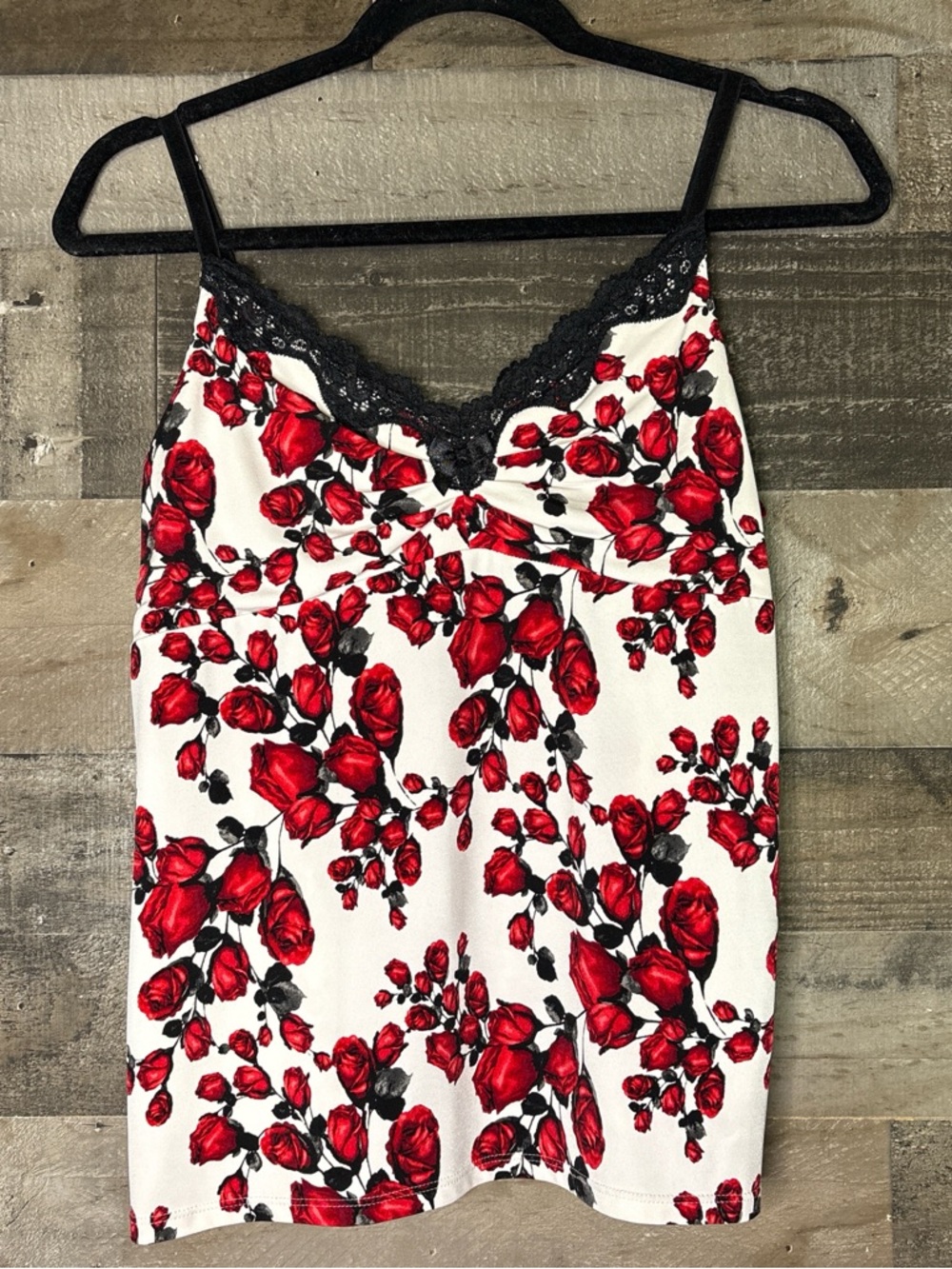 White House Black Market Red & Black Rose Lace Trim Cami